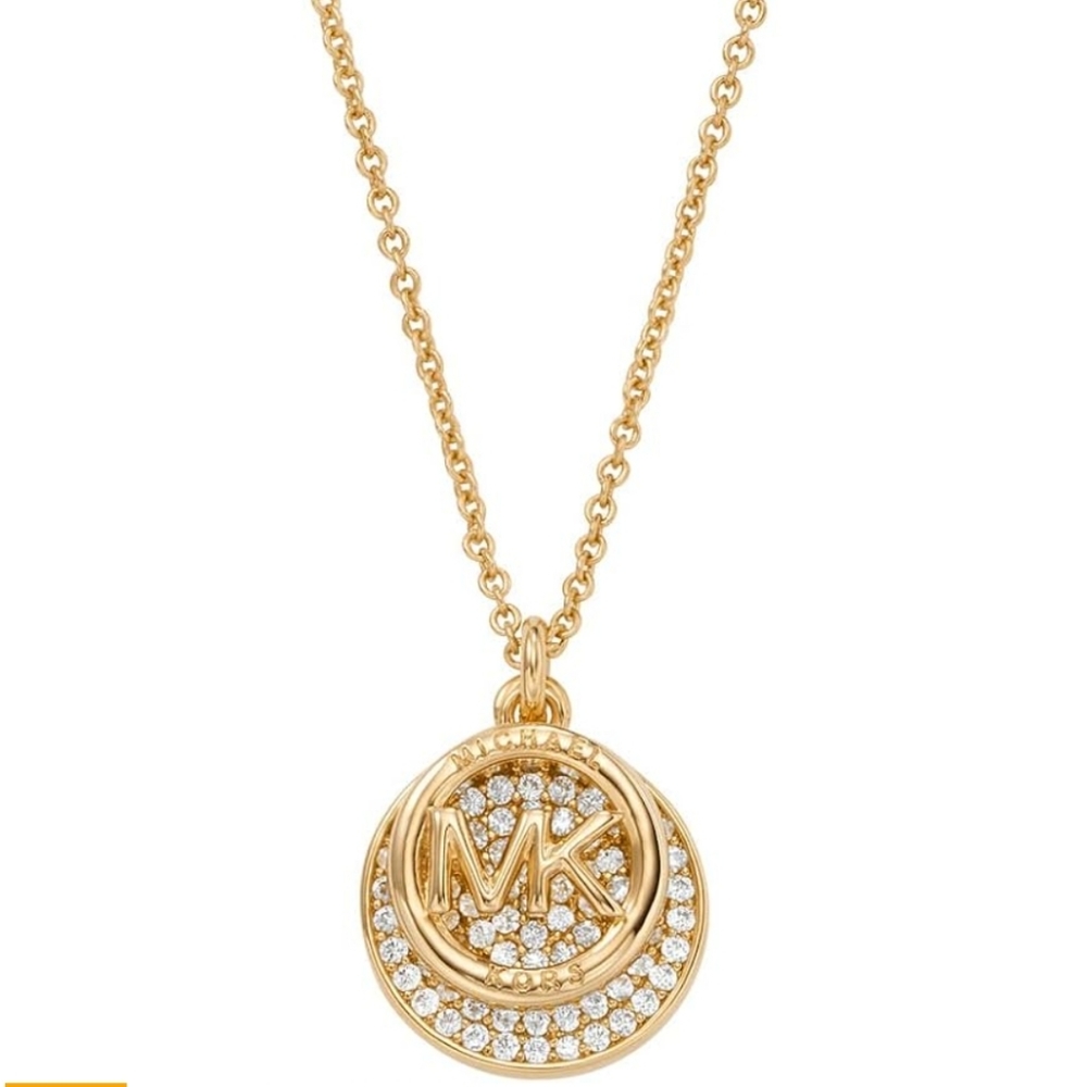 NWT MICHAEL KORS Brass and Pave Crystals MK LOGO Pendent Necklace